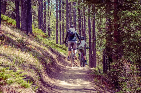 Woman Her Daughter Mountain Biking Forest Trail — 图库照片