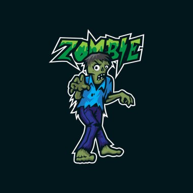 Rozet, amblem ve t-shirt baskısı için modern illüstrasyon konsepti olan zombi maskot logosu tasarımı vektörü. Zombi çizimi.