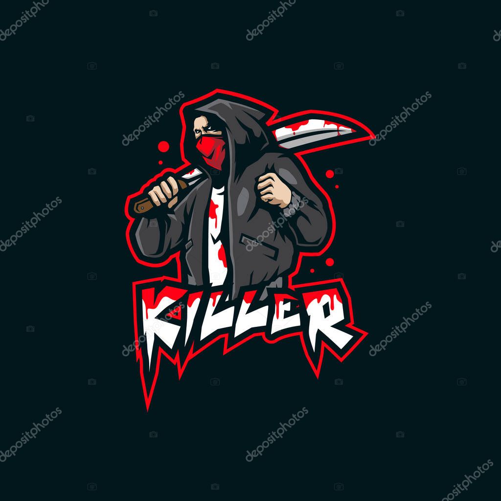 Killer mascot logo design vector with modern illustration concept style for badge, emblem and t shirt printing. Killer illustration with sword in hand.
