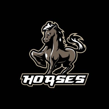 Rozet, amblem ve t-shirt baskısı için modern illüstrasyon konsepti olan at maskotu logosu tasarımı vektörü. Atlayan at illüstrasyonu.