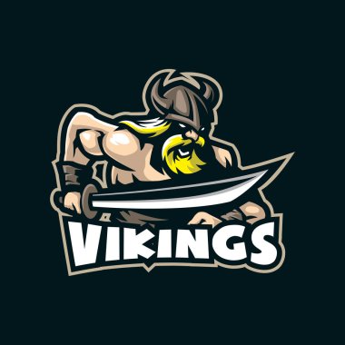 Rozet, amblem ve t-shirt baskısı için modern illüstrasyon konsepti olan Viking maskot logo tasarım vektörü. Spor ve esport takımı için kızgın Viking illüstrasyonu.