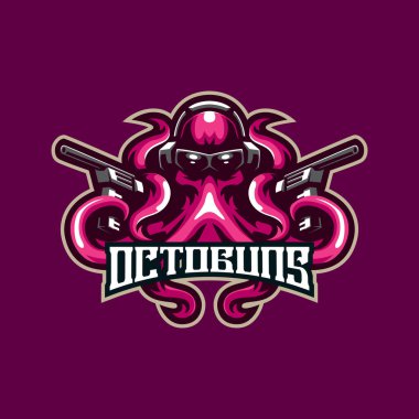 Octopus mascot logo design vector with modern illustration concept style for badge, emblem and t shirt printing. Octopus illustration with guns in hand.