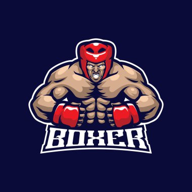 Rozet, amblem ve t-shirt baskısı için modern illüstrasyon konsepti olan boksör maskot logosu tasarımı. Spor takımı için kızgın boksör illüstrasyonu.