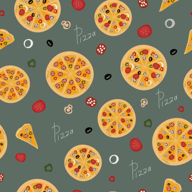 Farklı pizza türleri, malzemeler ve bir yazı içeren desen