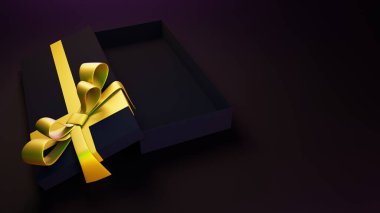 Çok renkli ışıklandırmalı siyah hediye kutusu. 3d hazırlayıcı