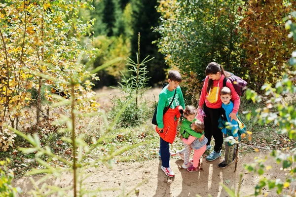 Mãe Com Quatro Filhos Nas Montanhas Viagens Família Caminhadas Com — Fotografia de Stock