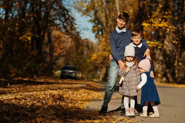 Quatro Crianças Posando Outono Queda Parque — Fotografia de Stock