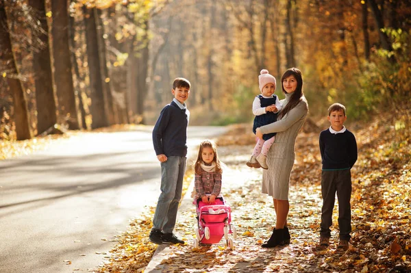 Мать Четырьмя Детьми Осеннем Парке Семейная Прогулка Осеннем Лесу — стоковое фото