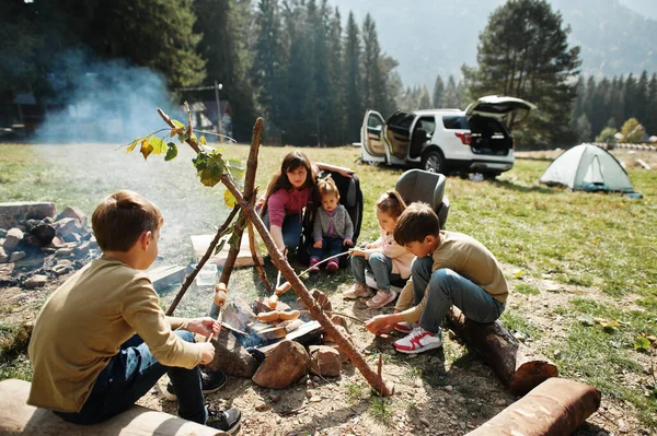 Family Bonfire Mountain Frying Sausages Mother Four Kids Camping Autumn — Stock Photo, Image