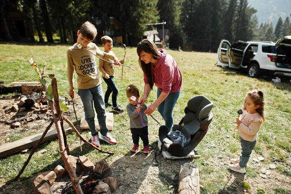 Οικογενειακή Φωτιά Στο Βουνό Τέσσερα Παιδιά Κατασκήνωσαν Μαρσμέλοου Φθινοπωρινή Πεζοπορία — Φωτογραφία Αρχείου