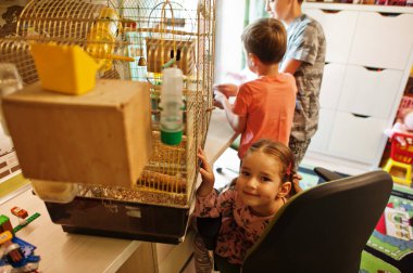 Çocuklar en sevdikleri hayvanları ellerinde tutuyorlar. Çocuklar evde hamster, kaplumbağa ve papağanla oynuyorlar..