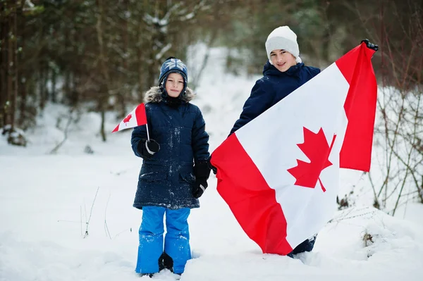 Two Boys Holding Flag Canada Winter Landscape — Stockfoto