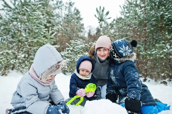 Μητέρα Τρία Παιδιά Στη Χειμερινή Φύση Εξωτερικές Πόρτες Στο Χιόνι — Φωτογραφία Αρχείου