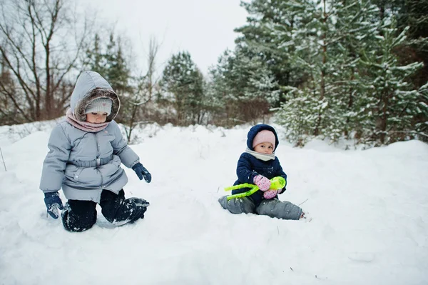 Two Sister Baby Girls Winter Nature Outdoors Snow — Stock Photo, Image