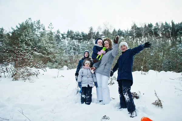 Мати Чотирма Дітьми Зимовій Природі Відкритому Повітрі Снігу — стокове фото