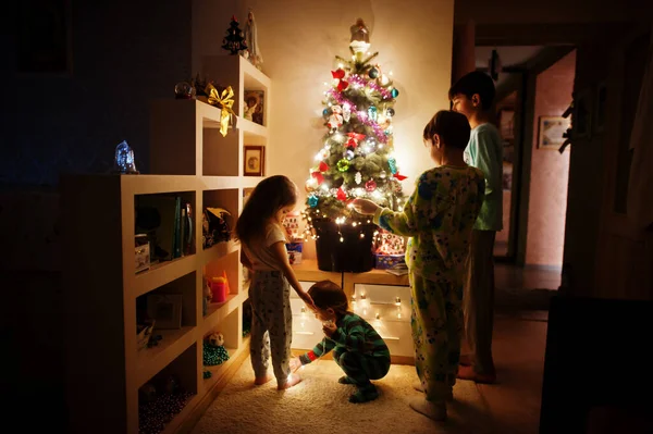 Kids Looking Christmas Tree Shining Garlands Evening Home — Stock Photo, Image