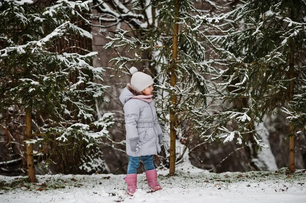 Bebé Niña Usar Chaqueta Gris Día Invierno Bosque Árboles Navidad —  Fotos de Stock