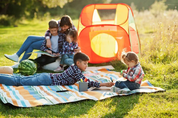 시간을 보내는 야외에서 피크닉 담요를 아이들 아이들 텐트를 — 스톡 사진