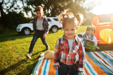 Dört çocuk birlikte vakit geçiriyor. Açık hava piknik battaniyesi. Kareli tişörtlü küçük tatlı kız..