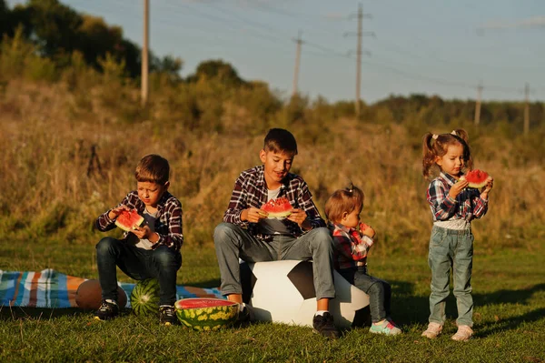 시간을 보내는 아이들 옥외에서 수박을 먹는다 — 스톡 사진