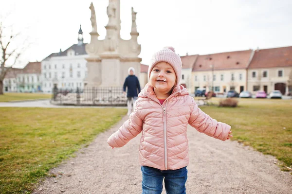 Baby Girl Lollipop Wear Pink Jacket Walking Valtice Town Czech — 스톡 사진