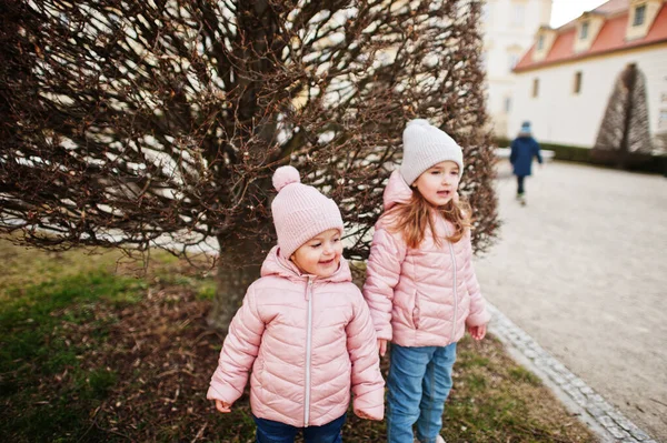 Two Girls Wear Pink Jacket Walking Valtice Town Czech Republic — стоковое фото