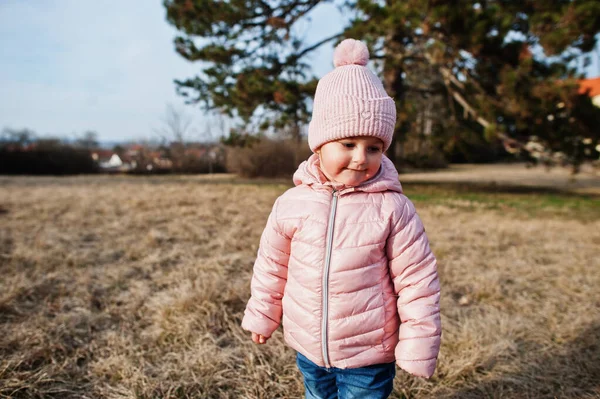 Baby Girl Wear Pink Jacket Walking Valtice Park Czech Republic — 图库照片