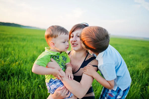 Mutter Mit Zwei Söhnen Auf Der Grünen Wiese — Stockfoto