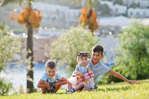 Türkiye 'de çimenlerde oturan üç çocuk palmiyelere yaslanıyor.