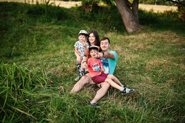 Happy Young Family Mother Father Two Children Son Nature Having — Stock Photo, Image