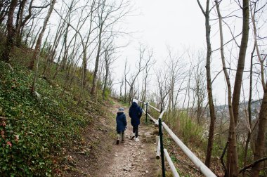 Çek Cumhuriyeti 'ndeki Znojmo parkında yürüyen kardeşler