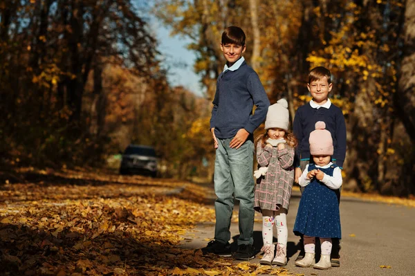 Τέσσερα Παιδιά Ποζάρουν Στο Φθινοπωρινό Πάρκο — Φωτογραφία Αρχείου