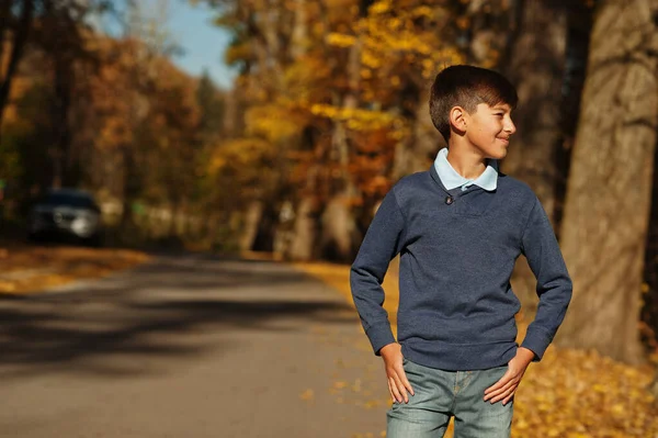 Junge Teenager Tragen Poloshirt Blauen Pullover Und Jeans Pose Herbst — Stockfoto