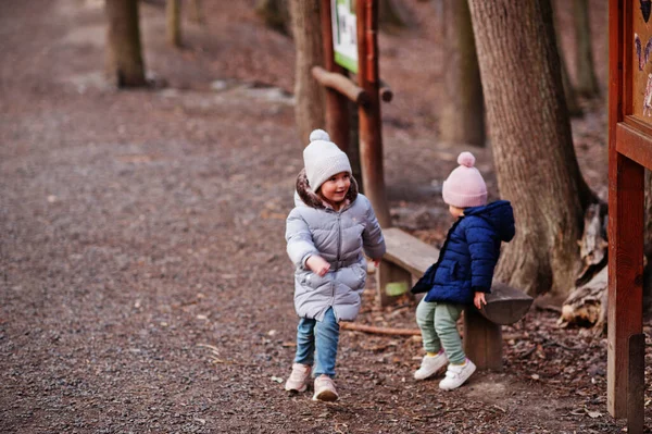 在早春的森林里 姐妹们都穿着夹克 头戴帽子 — 图库照片