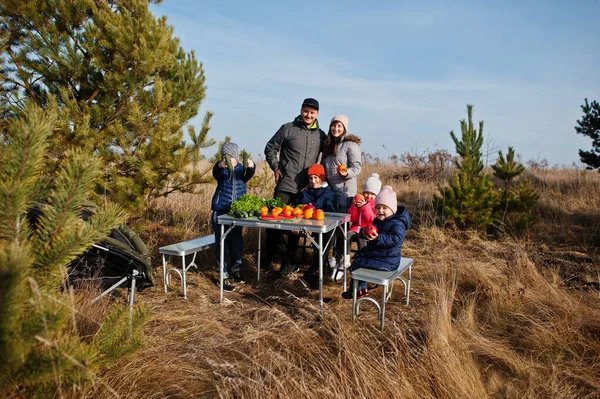 Piknikteki neşeli geniş aile. Dışarıda meyvelerle tatilde..