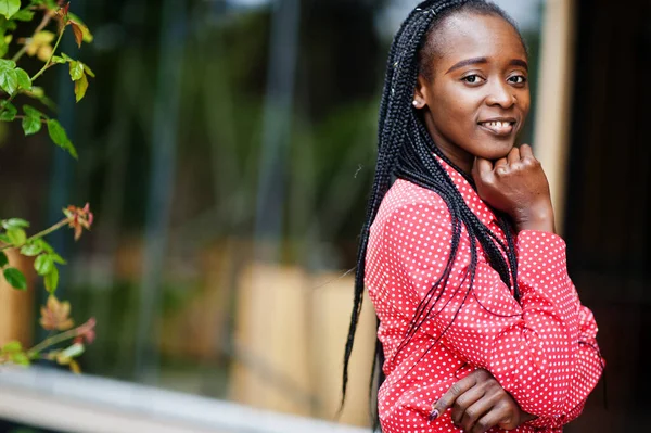 Pretty braids business african american lady bright bossy person friendly wear office red shirt.