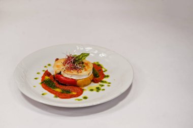 View on white background of chicken fillet with pepper. Healthy food, diet lunch concept. 