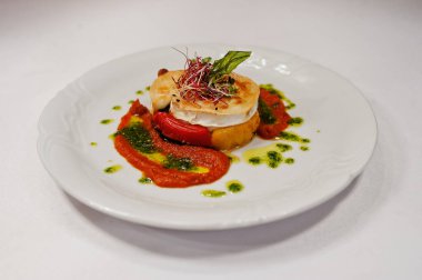 View on white background of chicken fillet with pepper. Healthy food, diet lunch concept. 