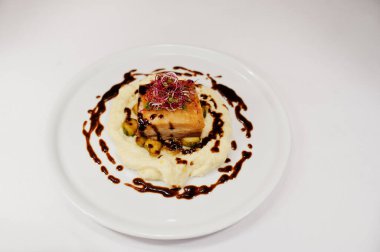 View on white background of meat with potato. Healthy food, diet lunch concept. 