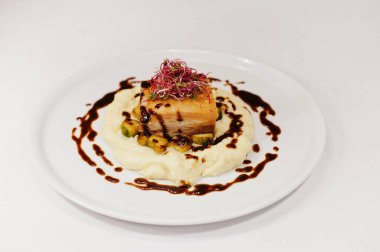 View on white background of meat with potato. Healthy food, diet lunch concept. 