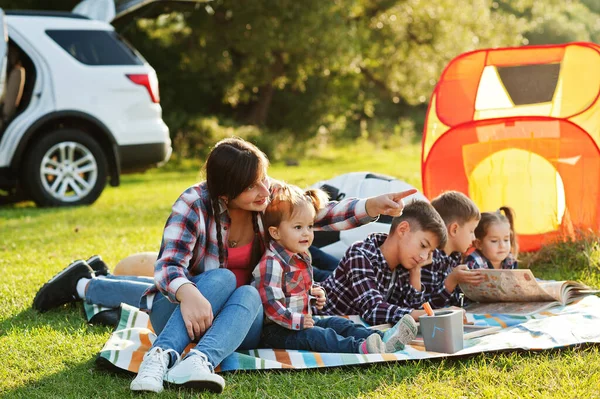 Aile Birlikte Vakit Geçiriyor Dışarıda Dört Çocuklu Bir Anne Piknik — Stok fotoğraf