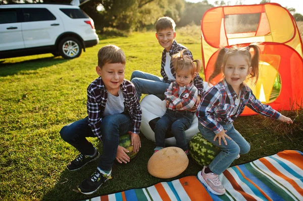Négy Gyerek Együtt Tölti Idejét Kültéri Piknik Takaró Ülő Görögdinnye — Stock Fotó
