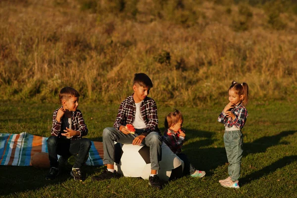 Család Több Időt Tölt Együtt Négy Gyerek Eszik Görögdinnyét Szabadban — Stock Fotó