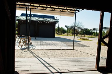 Empty hall veranda in wooden village vacation home.
