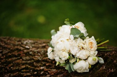 Beautiful tender wedding bouquet and rings. 