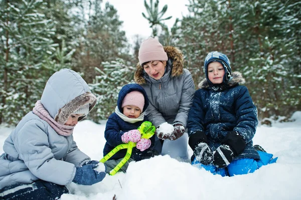 Μητέρα Τρία Παιδιά Στη Χειμερινή Φύση Εξωτερικές Πόρτες Στο Χιόνι — Φωτογραφία Αρχείου
