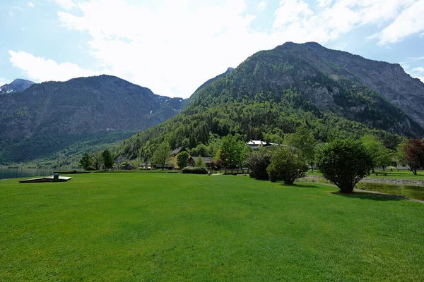 Bela Paisagem Cênica Sobre Prado Dos Alpes Austríacos Hallstatt Salzkammergut — Fotografia de Stock