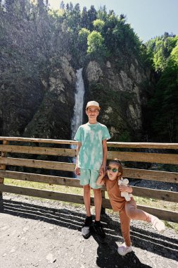 Avusturya 'daki Lihtenştayn Vadisi' nde şelaleye karşı kardeşler..