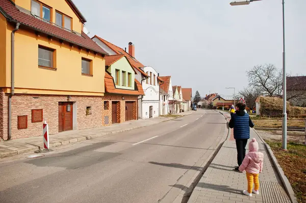 Family Walking Streets Village Czech Republik — стоковое фото