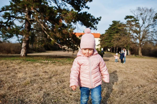 小女孩 穿着粉色夹克走在捷克共和国瓦尔蒂公园 — 图库照片